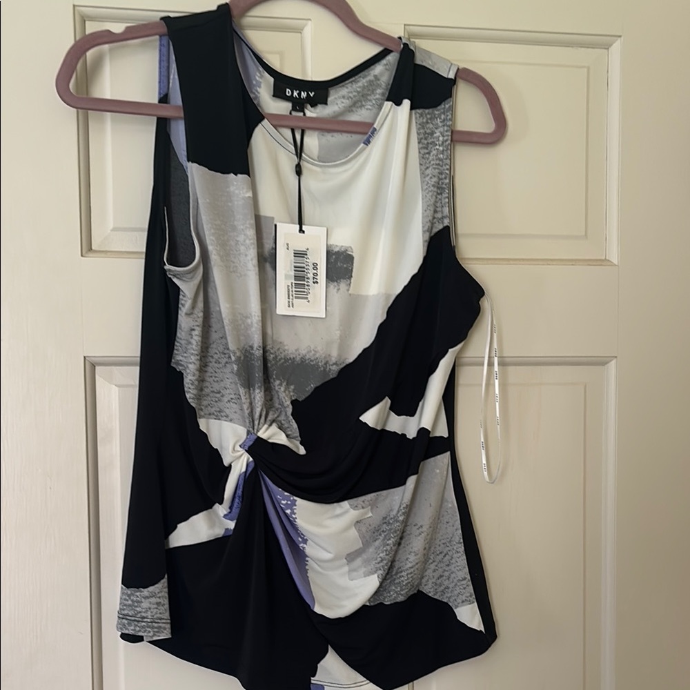 DKNY Women's Black and White Twist-Front Top